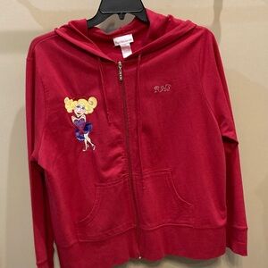 Charming Red Zip-Up Hoodie with Cartoon Embroidery.
